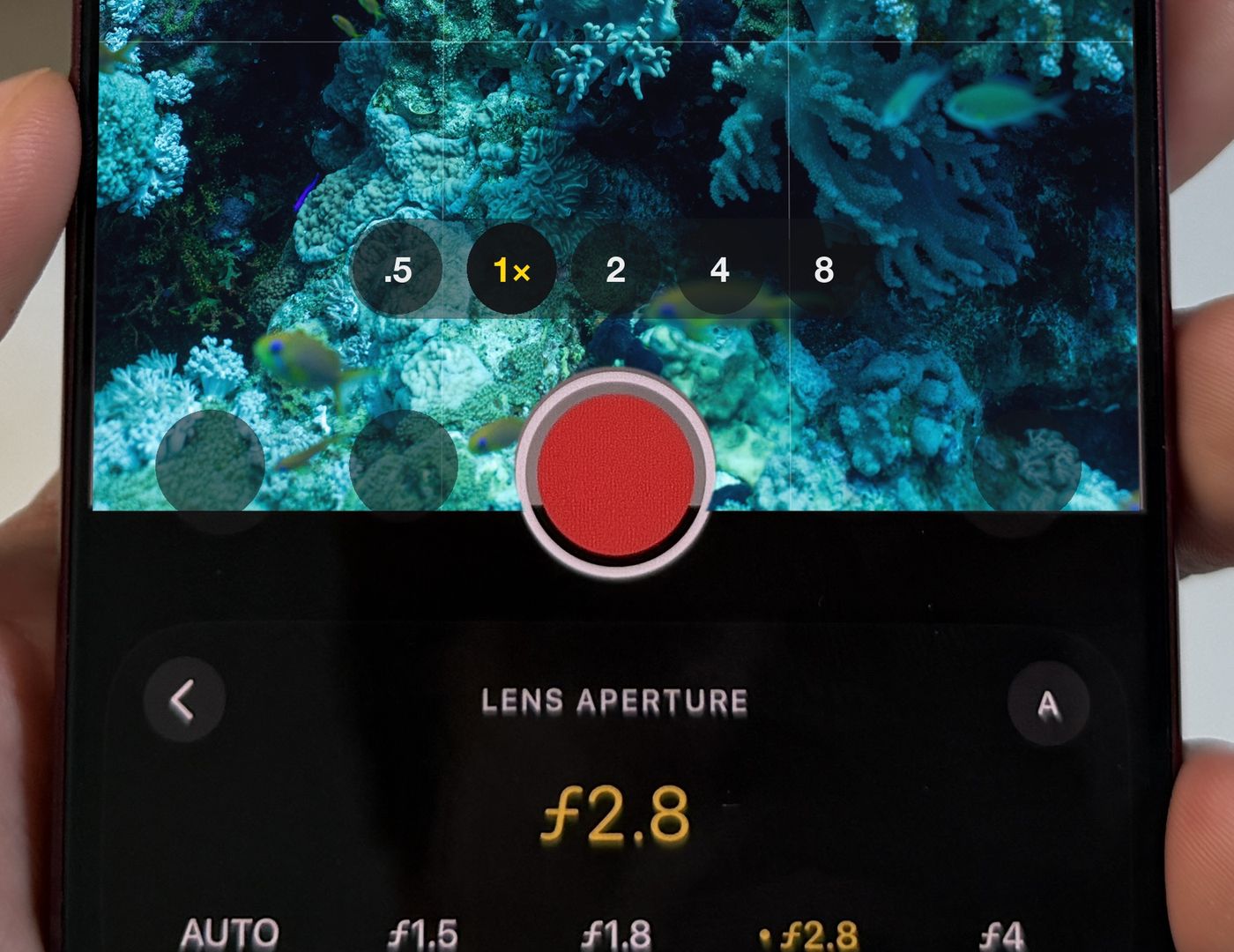 The Diving Standard camera in video mode on an iPhone 18 Pro Max, with the record button and the lens aperture set to f/2.8