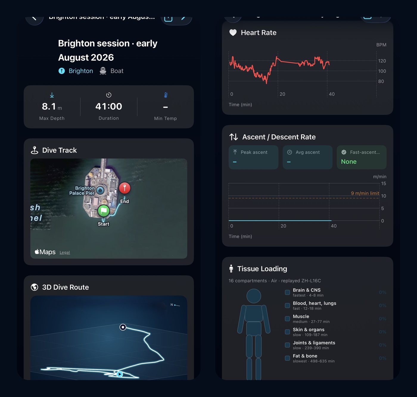 Two Diving Standard dive detail screens: one with max depth, duration, a GPS dive track and a 3D dive route, the other with a heart rate chart, ascent and descent rate and tissue loading