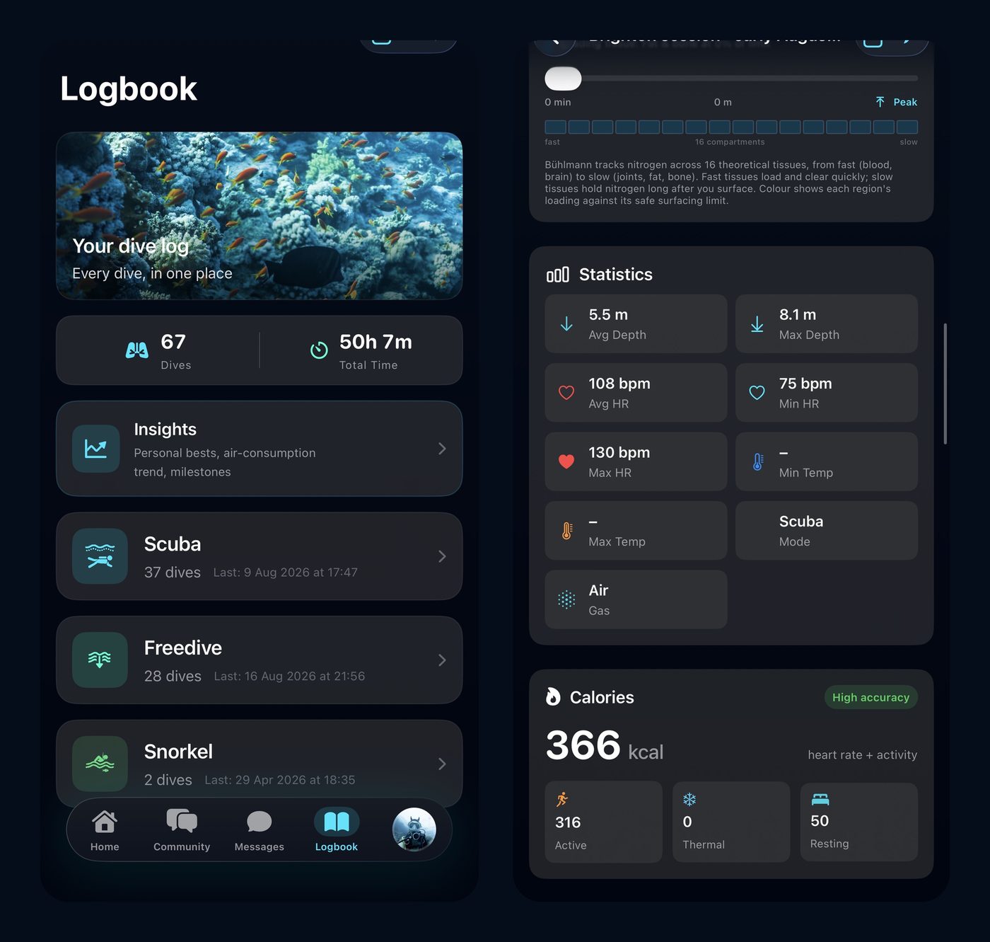 Two Diving Standard screens: a logbook with total dives and time split into scuba, freedive and snorkel, and a dive statistics screen with depth, heart rate and calories